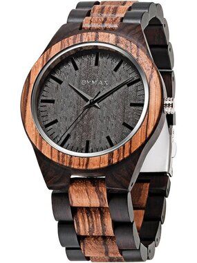 Mens Black Brown Analog Quartz Fashion Handmade Striped Round Wrist Wooden Watch